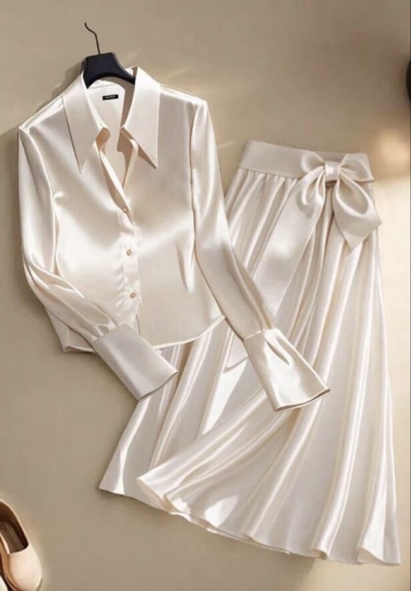 超光沢サテン上下セット 艶々サテンブラウス+スリミングAラインスカート ウエストリボン エレガント フェチ コスプレ 女装家様拍卖