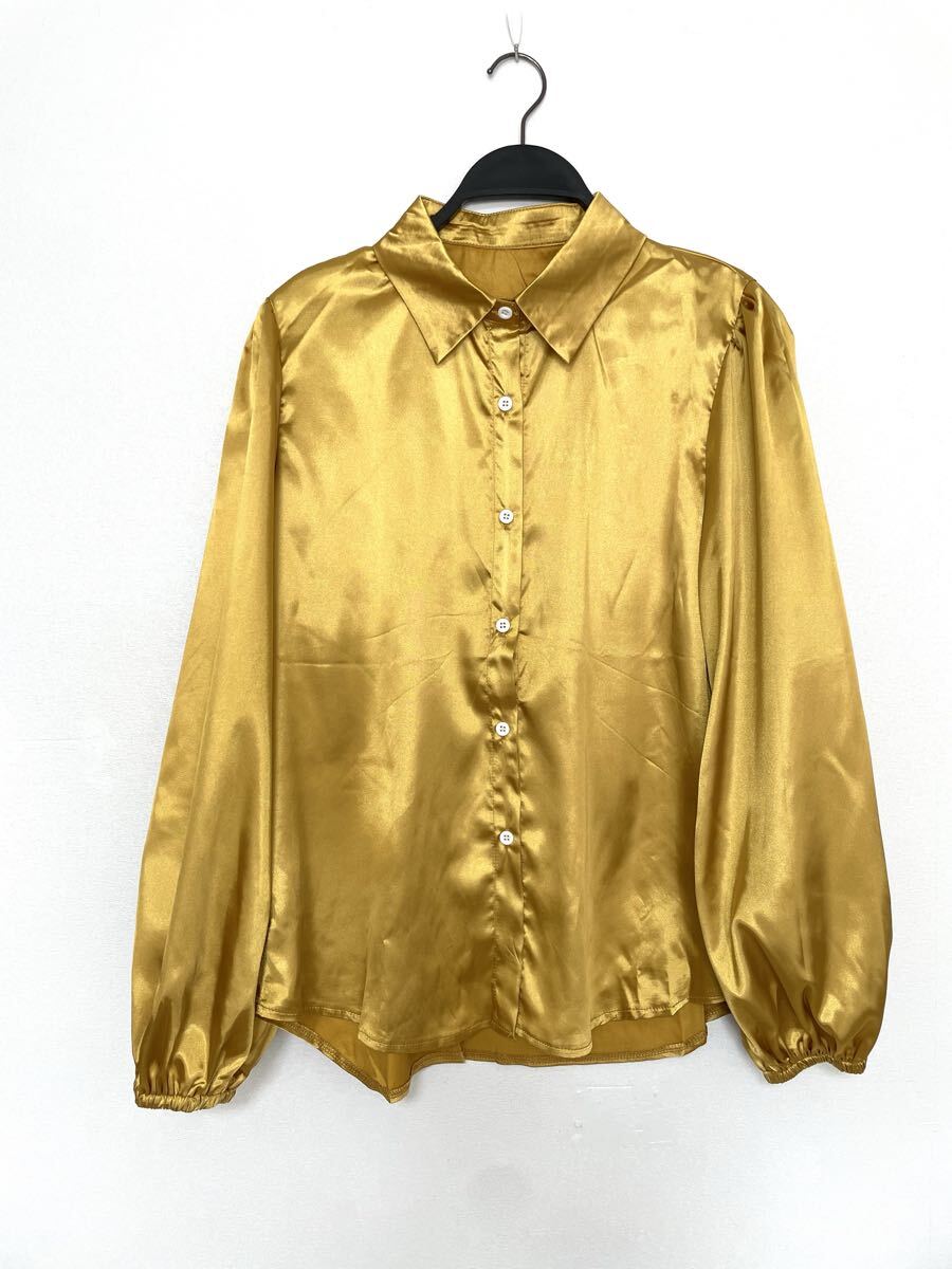 超光沢MAXサテンシャツブラウス 長袖 バルーン袖 ゴールド ツルツル 艶々 コスプレ フェチ 拍卖