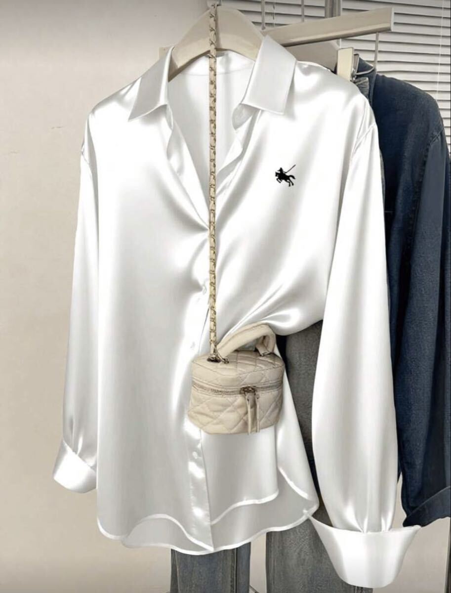 超光沢 サテンシャツ ブラウス ホワイト 長袖 トップス Lサイズ OL オフィス 秘書 フェチ 女装家様拍卖