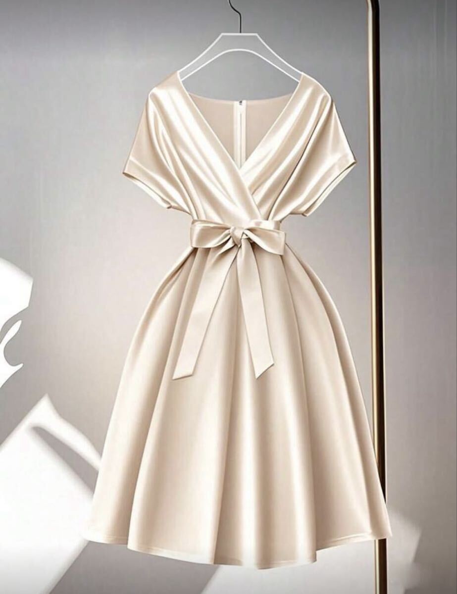 超光沢 ちゅるんちゅるん サテンワンピース フレンチスタイル リボンベルト付き L シャンパンゴールド 艶々 女装家様 フェチ拍卖