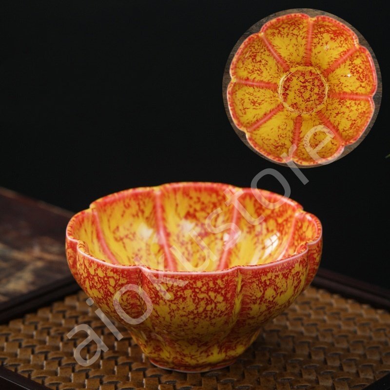 工芸品 手作り茶具 抹茶茶碗 曜変天目茶碗 茶道具 茶道 茶碗 窯変天目茶碗 油滴天目 茶道具 茶器 初心者 酒器 陶芸用品 オレンジ##C004拍卖