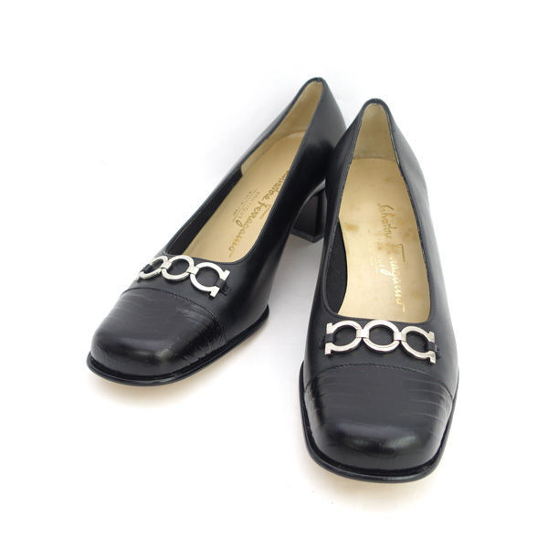 ■ サルヴァトーレフェラガモ ガンチーニ パンプス 革底 ブラック 7.5(24) (0990015257)拍卖