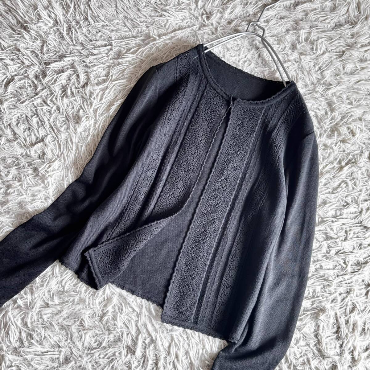 ② 極美品 日本製 レリアン Leilian 模様編み カーディガン グレー 9拍卖