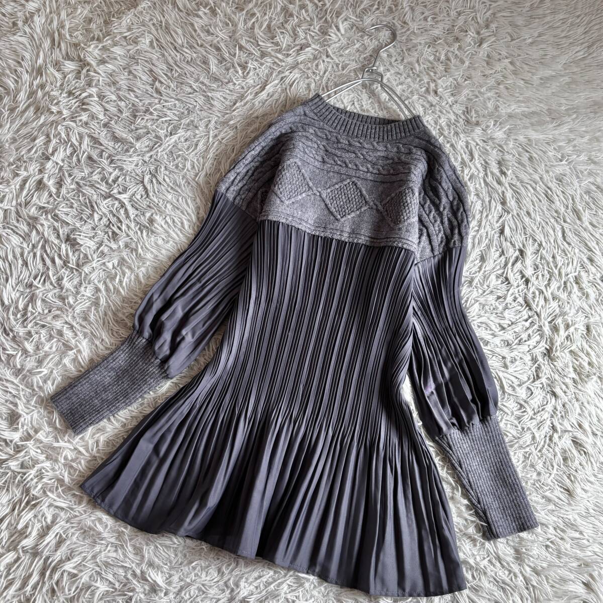 ⑤ 未使用 フェリスホイール ferris wheel ケーブル編み ニット プリーツ 異素材 コンビ チュニック 大きいサイズ フリー拍卖