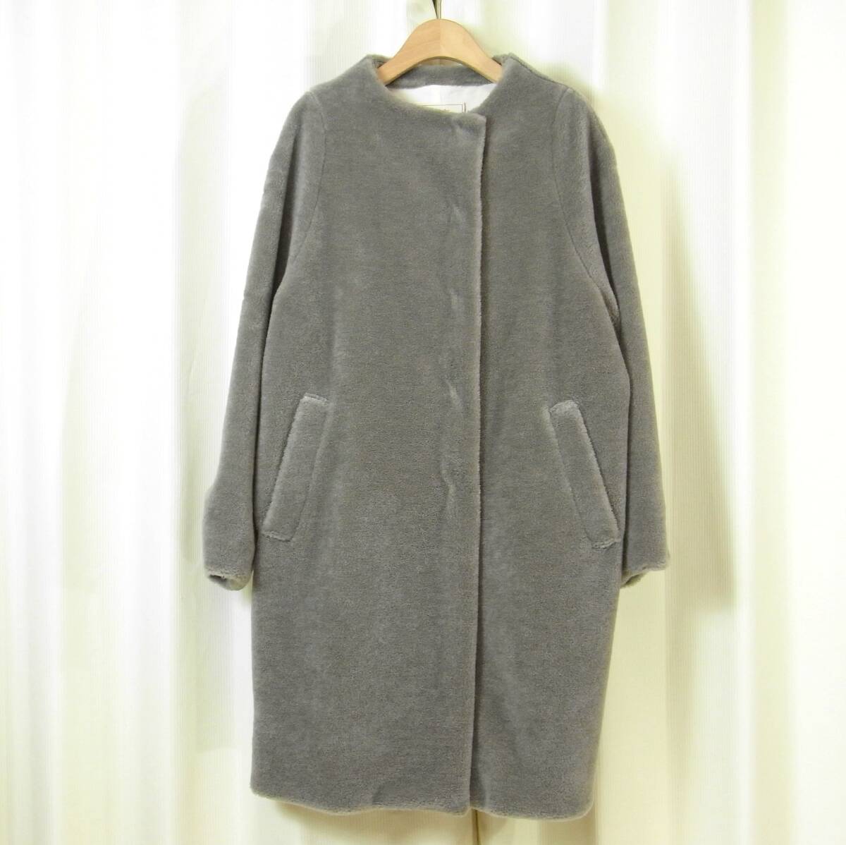 NICE CLAUP パイルロングコート ノーカラー グレー M程度 ピュアルセシン PUAL CE CIN ナイスクラップ拍卖