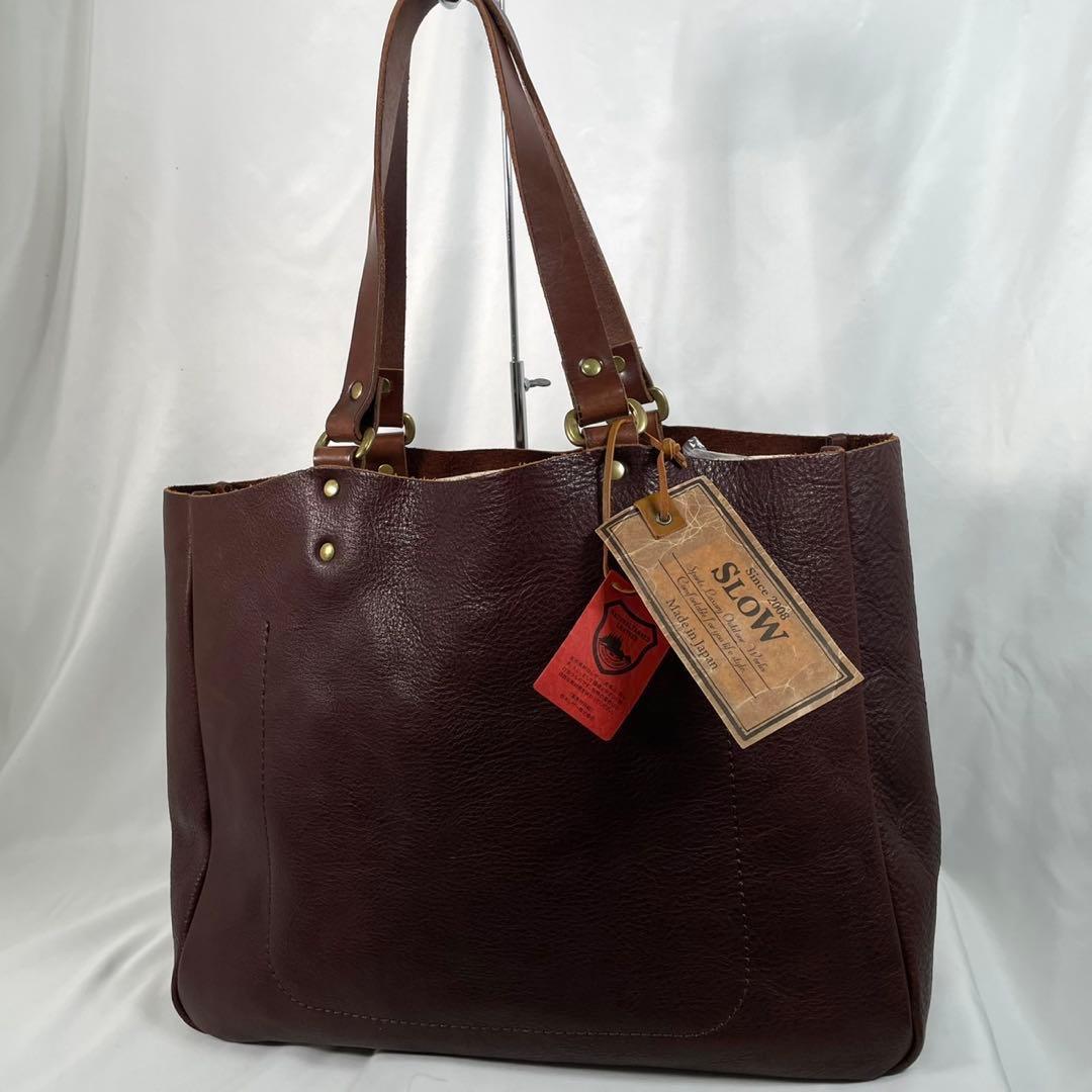 未使用に近い SLOW スロウ トートバッグ bono ボーノ 栃木レザー 本革 choco ブラウン系 肩掛け A4拍卖