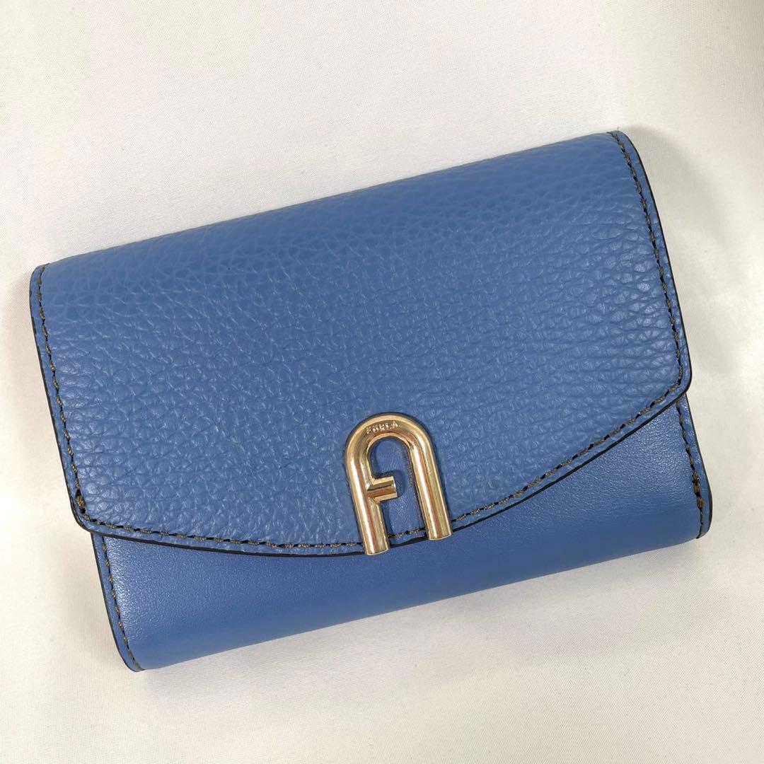 未使用 FURLA フルラ 三つ折り財布 プリムラ トライフォールド レザー 本革 ブルー系 青拍卖