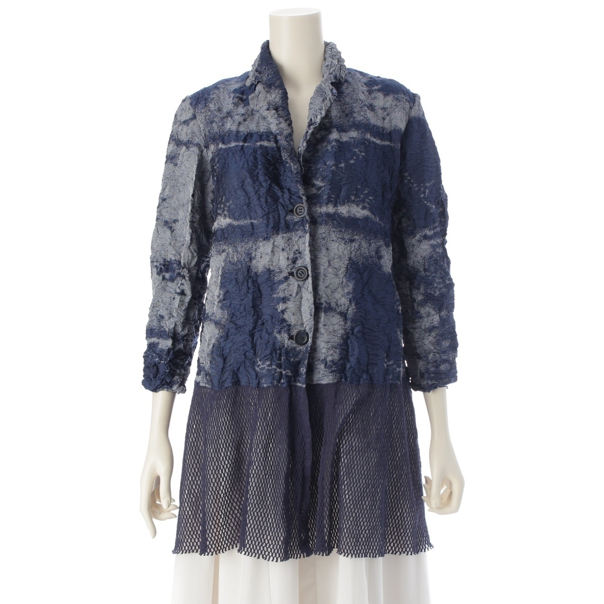 イッセイミヤケ メッシュ切替 コットン ナイロン シワ加工 変形 テーラードジャケット IM21FD103 ネイビー 2【中古】拍卖