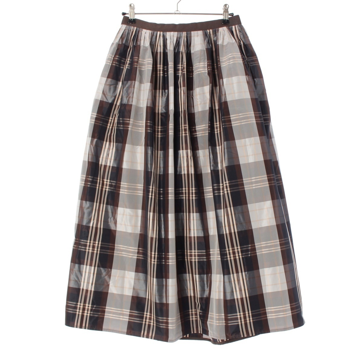 ドゥロワー 23AW シルク混 チェック タック ロング スカート 6524-299-1775 ブラウン系 マルチカラー 38【中古】拍卖