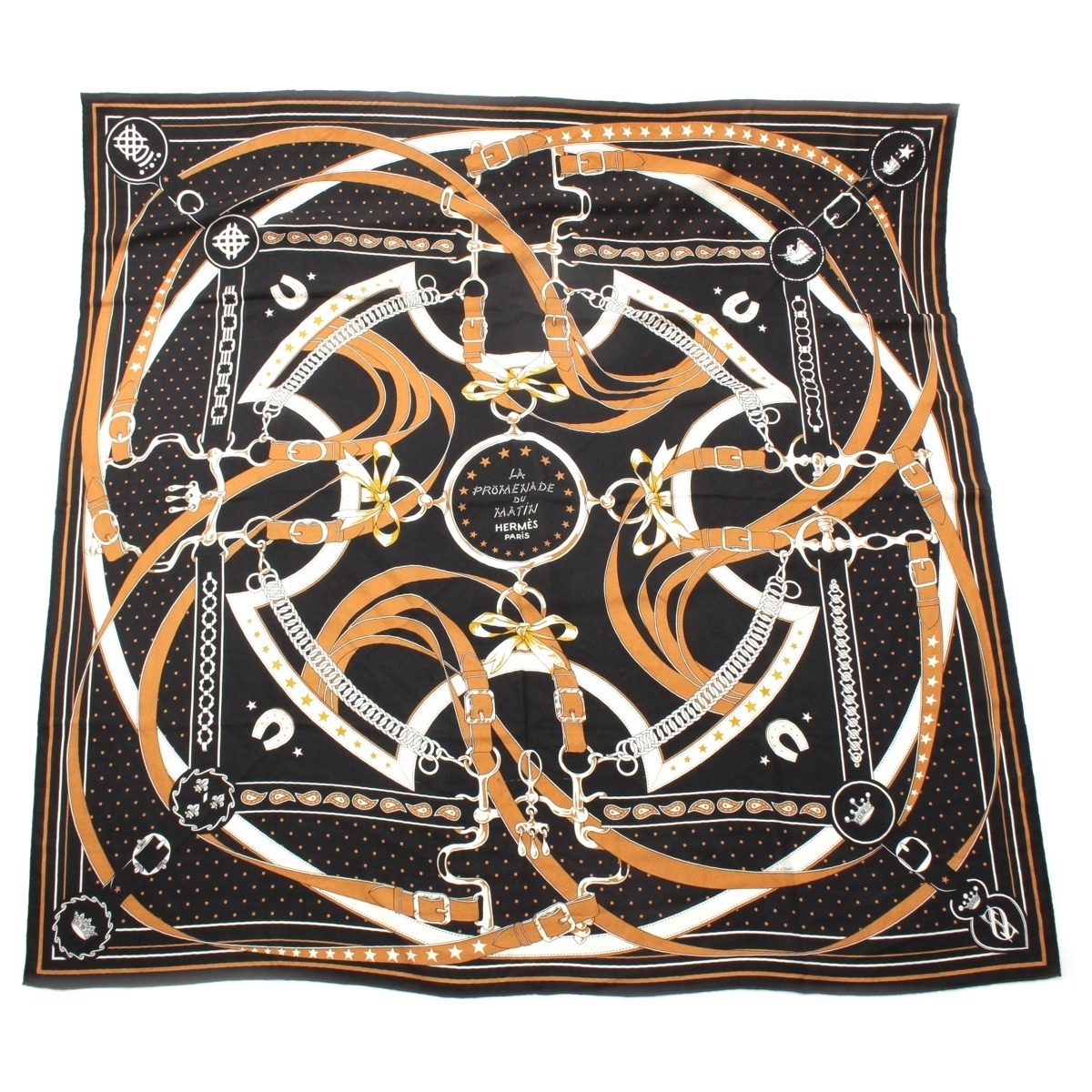 エルメス カレジェアン カシミヤ シルク カレ140 LA PROMENADE DU MATIN 朝の散歩 ストール ブラック×ブラウン【中古】拍卖