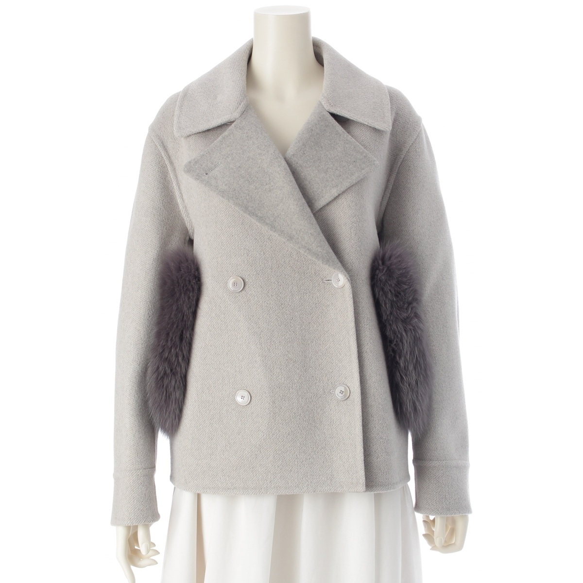ドゥロワー 24年 ウール×シルク WINTER1 フォックスファー ポケット ダブルブレスト ピーコート 6522-234-0886 グレー 38【中古】拍卖