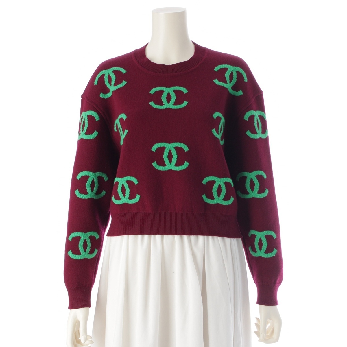 シャネル 21P カシミヤ混 ジャガード ココマーク クロップド セーター P70525 ボルドー グリーン 36【中古】拍卖