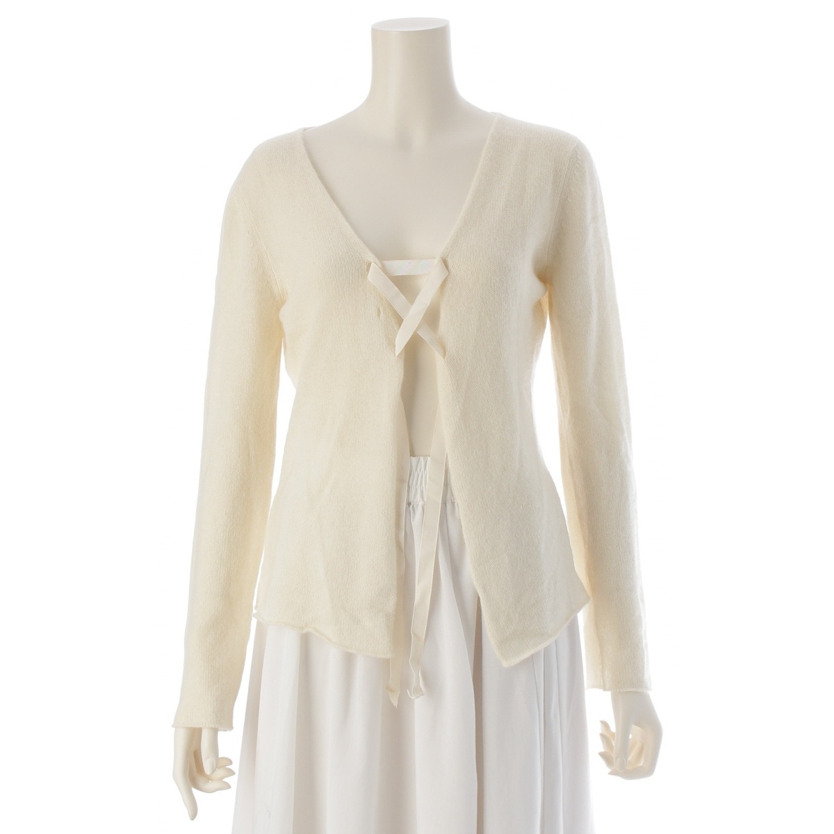 グッチ 2005年 カシミヤ トムフォード期 リボン レースアップ カーディガン ホワイト M【中古】拍卖