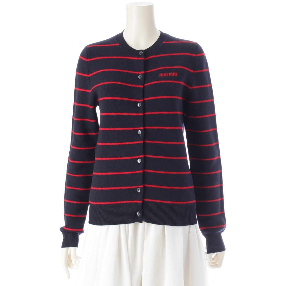 ミュウミュウ 2024 ヴァージンウール ナイロン ロゴ ボーダー カーディガン MMF895 ネイビー 36【中古】拍卖