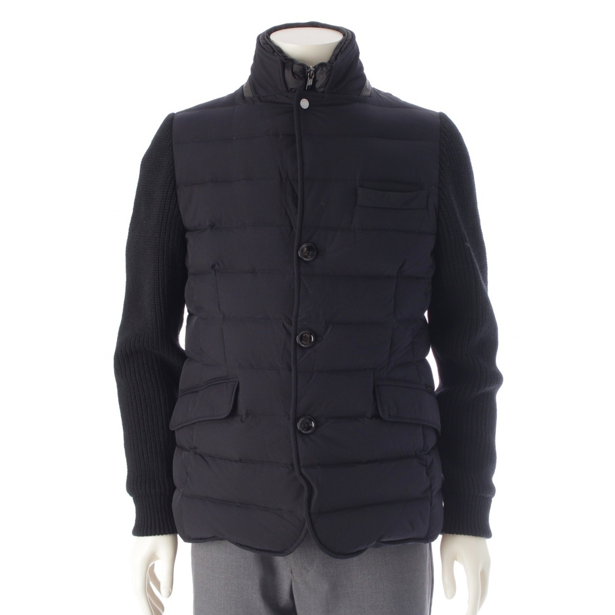 ムーレー ROGERS-KNM ナイロン ウール カシミヤ ニット切替 ダウンジャケット ネイビー 48【中古】拍卖