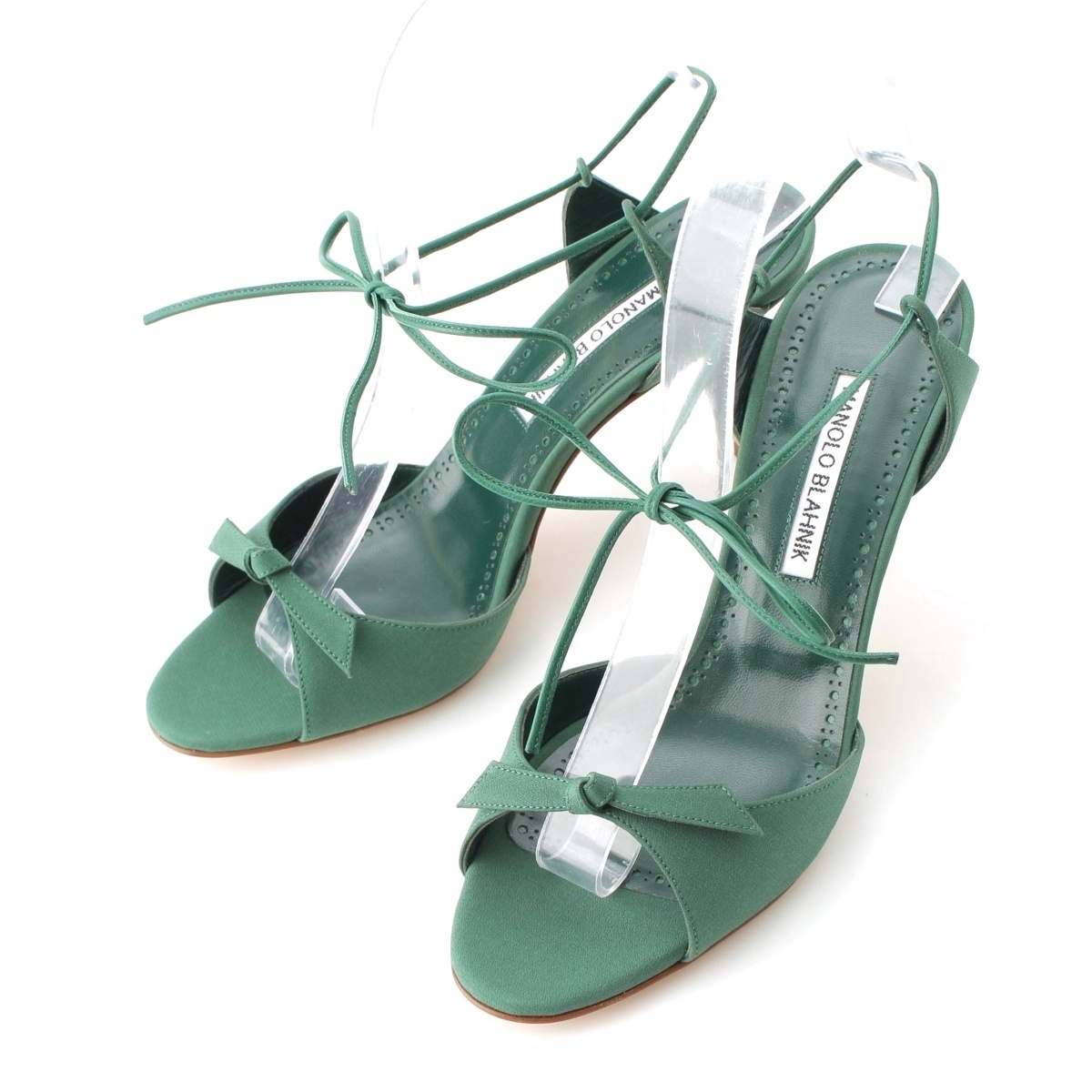 マノロブラニク POTASIA レザー オープントゥ リボン ヒール サンダル グリーン 38【中古】拍卖