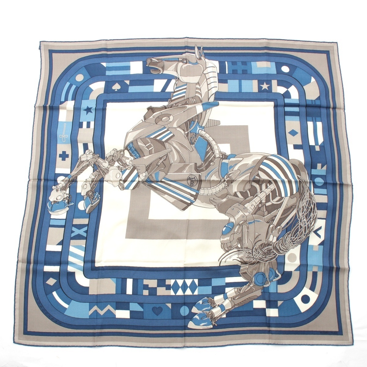 エルメス カレH 100 ROBOCAR ロボカバール カシミヤ シルク スカーフ ブルー×グレー【中古】拍卖