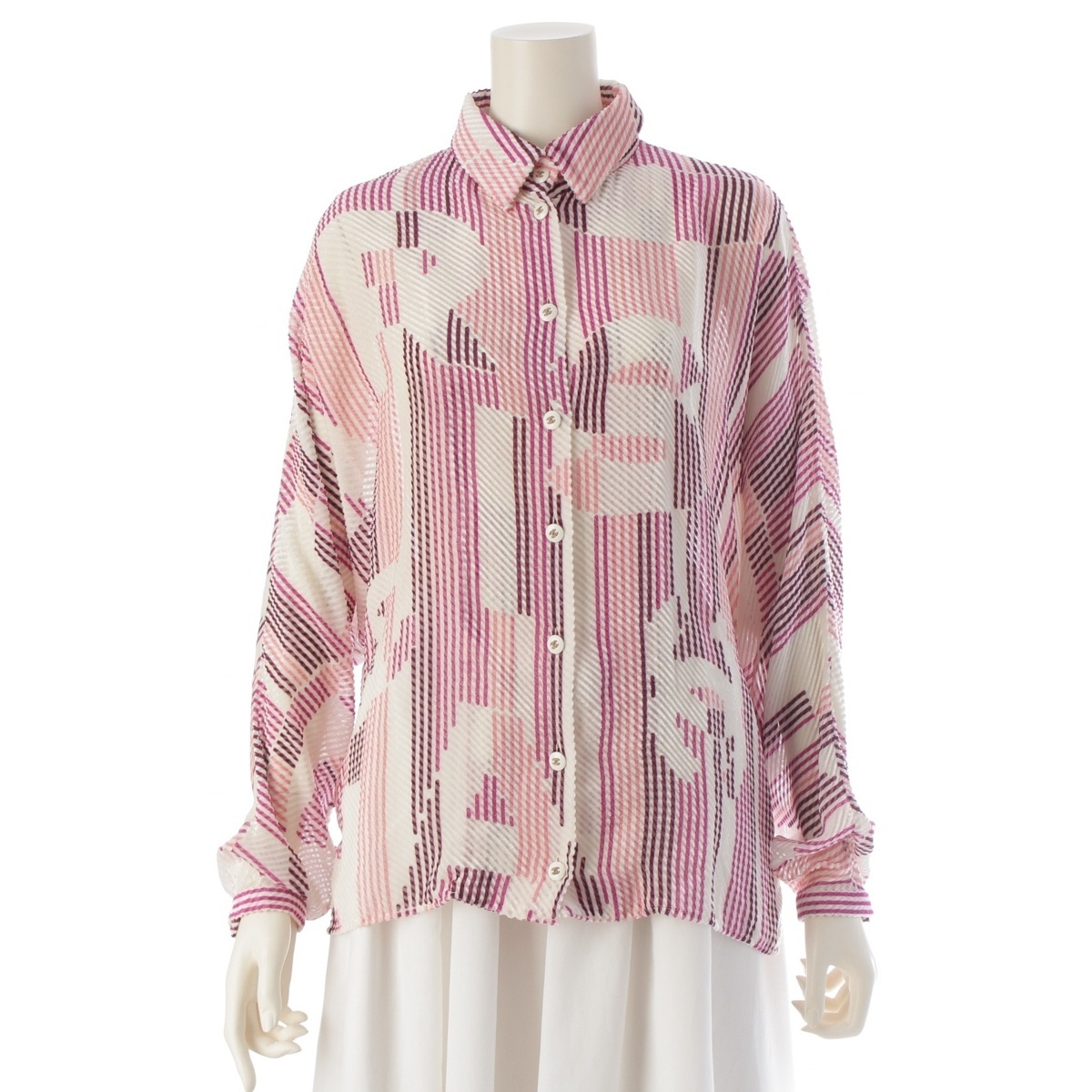 シャネル 24AW シルク ビスコース ココマーク ブラウス P75476 ピンク ホワイト マルチカラー 38【中古】拍卖