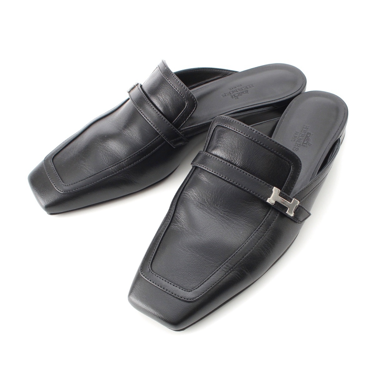 エルメス レザー グルーピー Hモチーフ ミュール ブラック 37【中古】拍卖