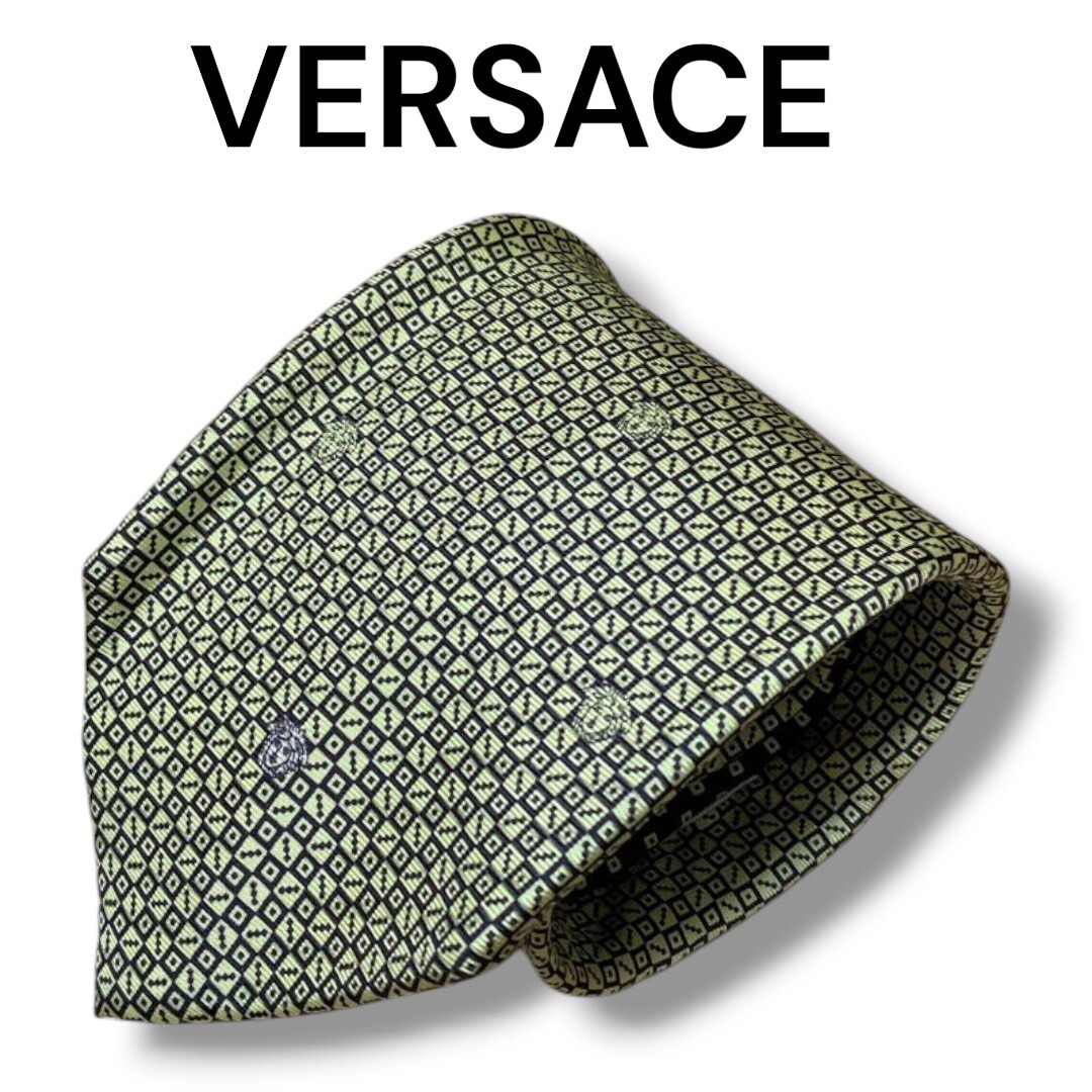 【1円スタート】 VERSACE ヴェルサーチ ネクタイ ハイブランド イタリア製 イエロー ブラック 総柄 メデューサ ビジネス スーツ拍卖