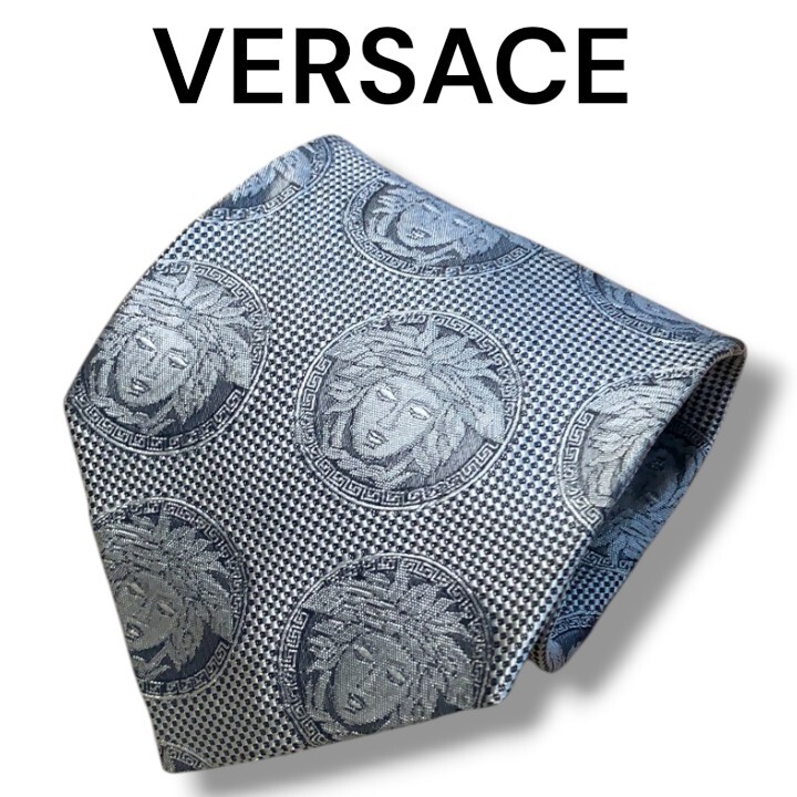 【美品】VERSACE ヴェルサーチ ネクタイ ハイブランド シルバー メデューサ 総柄 イタリア製 ビジネス スーツ シルク拍卖
