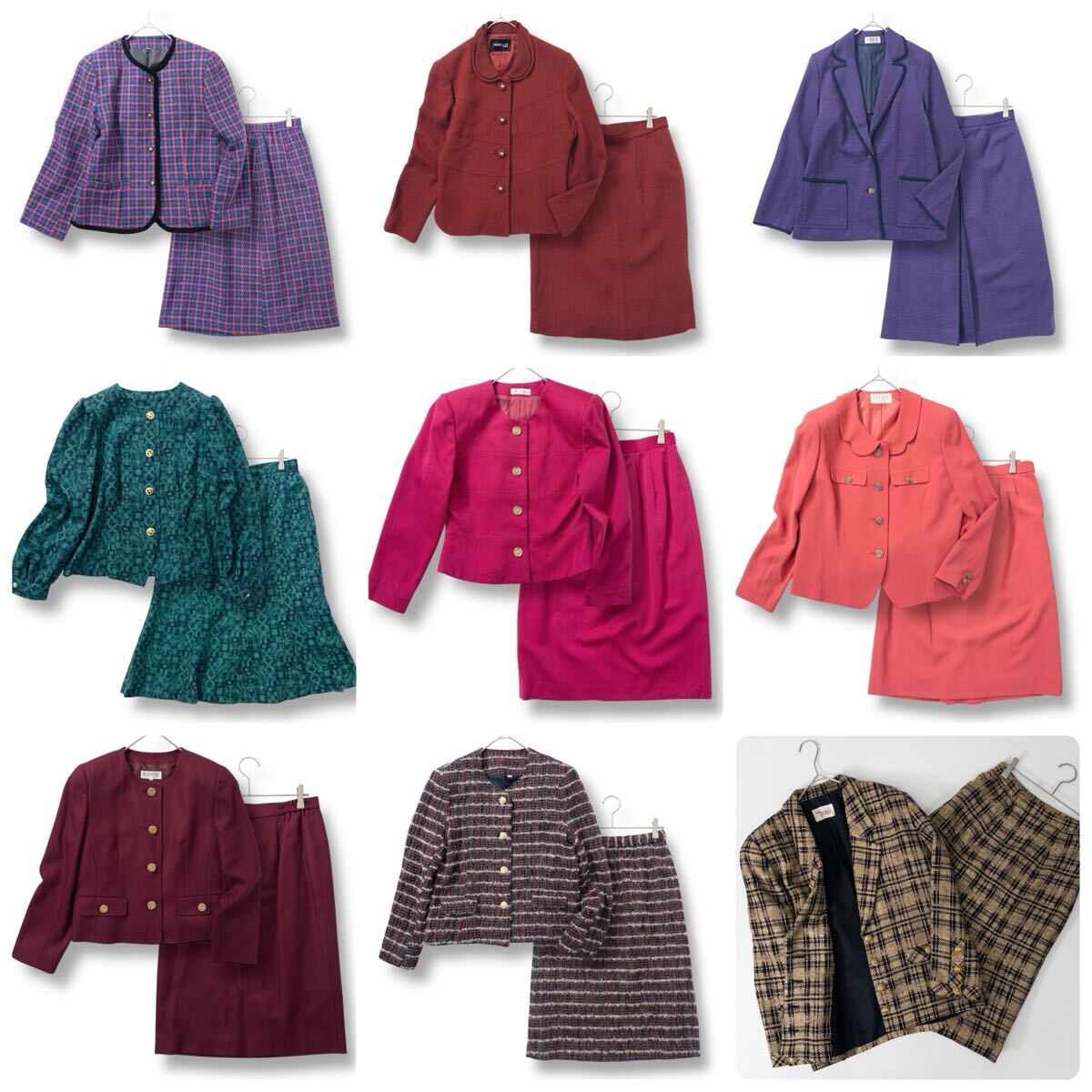 【まとめ売り9点】 バブリースーツ上下セット 昭和レトロ セットアップ ウールツイード 金ボタン ノーカラー等 M~L 大量レディースお得拍卖