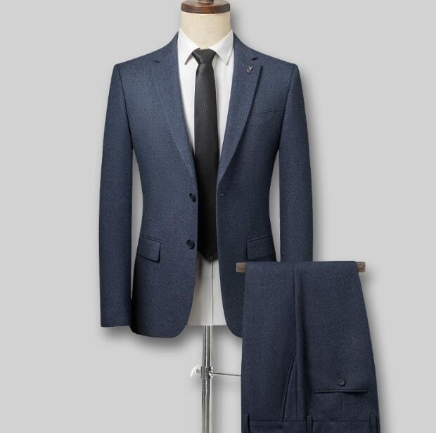 新作 ウール混 セットアップスーツ メンズ 秋冬 厚手 ビジネススーツ 上下セット フォーマル ウエスト調節可能 スラックス/青灰拍卖