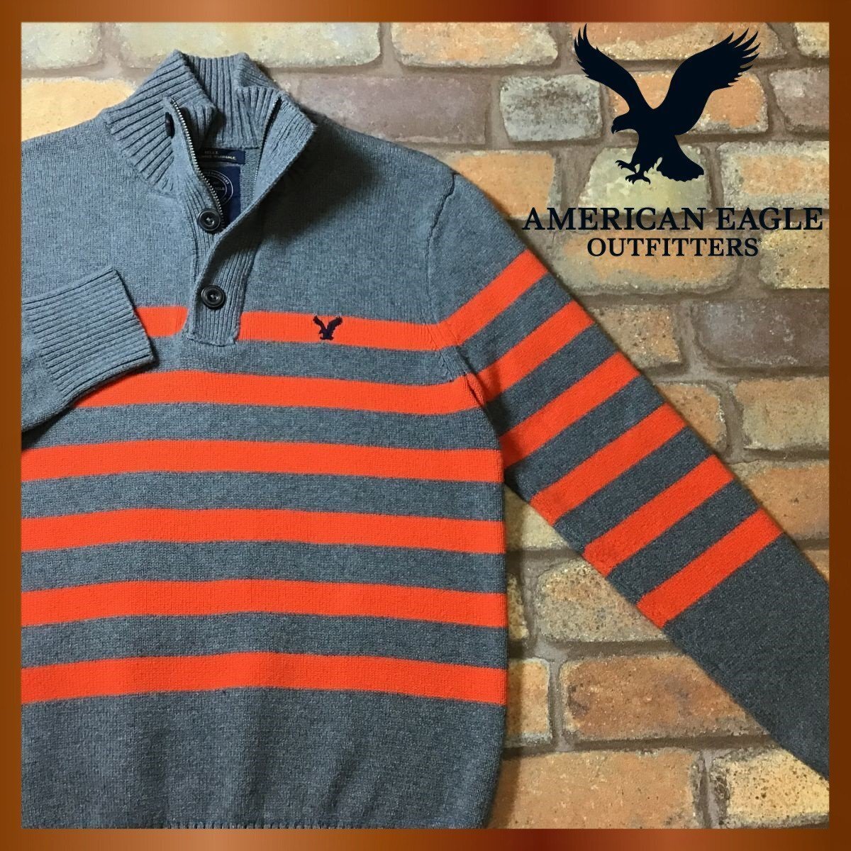 ME8-406★USA買付商品★良品【AMERICAN EAGLE】ボーダー ハーフボタン ハイネックセーター【メンズ M】グレー×橙 ニット 小さめ USA古着拍卖