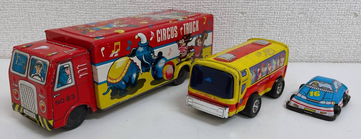 レトロ【日本製 ブリキ 車 CIRCUS TRUCK サーカストラック 等 ブリキ車 3点セット】1960年代物!?/幼稚園バス/A710-309拍卖