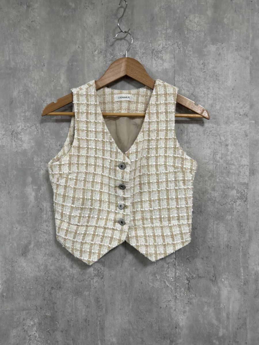 CALNAMUR カルナムール ツイード柄 ベスト sizeS/白xベージュ ■◇ レディース拍卖
