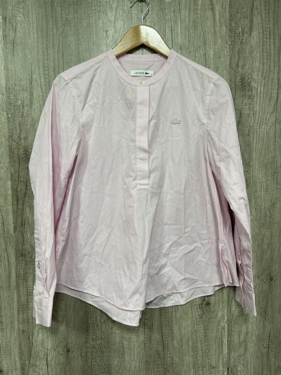 ネコポスOK LACOSTE ラコステ ストライプ ノーカラー ブラウス シャツ size34/ピンク ■◇ レディース拍卖