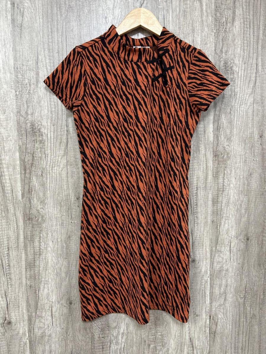 ネコポスOK X-girl エックスガール チャイナ服 ゼブラ柄 Iライン ワンピース sizeS/黒xオレンジ ■◆ レディース拍卖