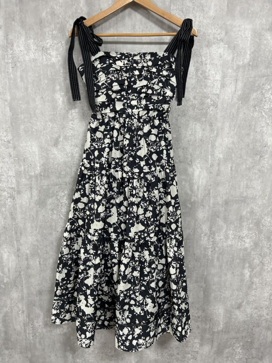 ネコポスOK Estella.K エステラケー 花柄 ティアード Aライン ワンピース sizeF/白x黒 ■◆◎ レディース拍卖