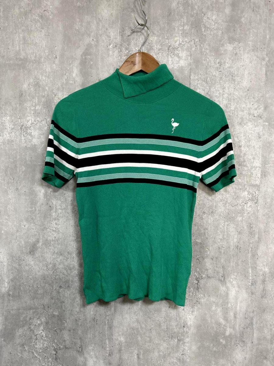 ネコポスOK JUN&ROPE ハイネック 5分袖 ボーダー サマー ニット セーター sizeL/緑 ■◆ レディース拍卖