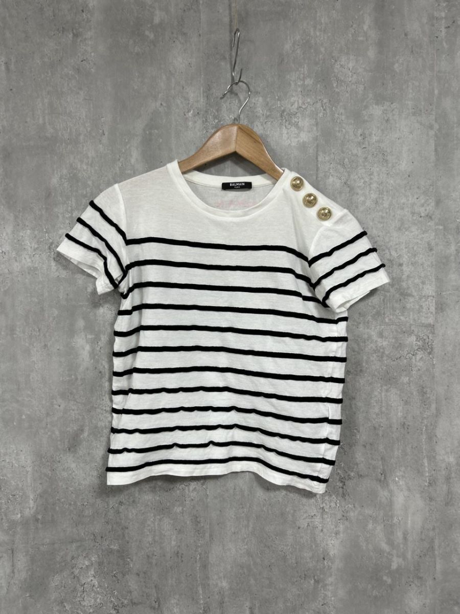 ネコポスOK BALMAIN PARIS バルマン ボーダー 金ボタン Tシャツ 白 ■◆ レディース拍卖