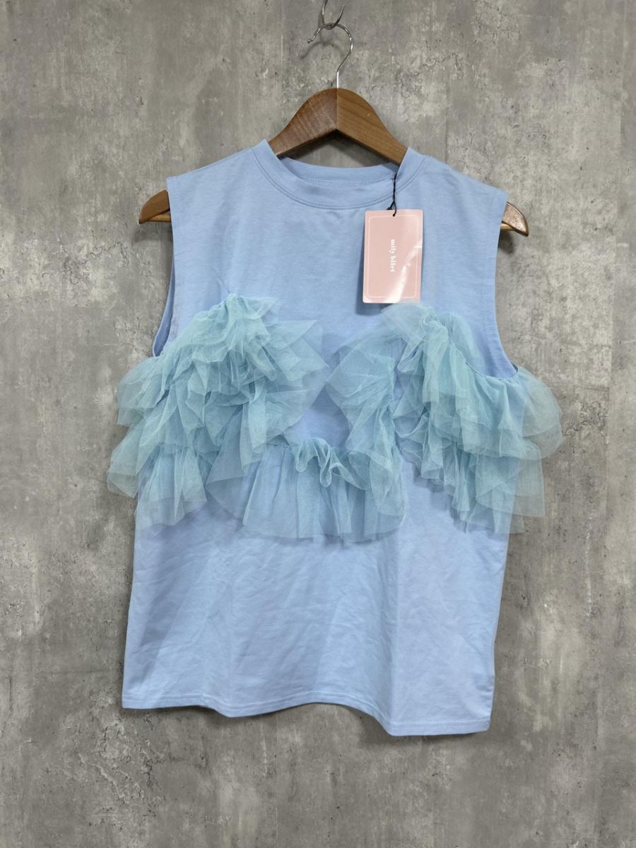 ネコポスOK 美品 mily bilet ミリィビレット 360度コーデが華やぐ。フリルデザインノースリーブ Tシャツ sizeM/水色 ■◆ レディース拍卖