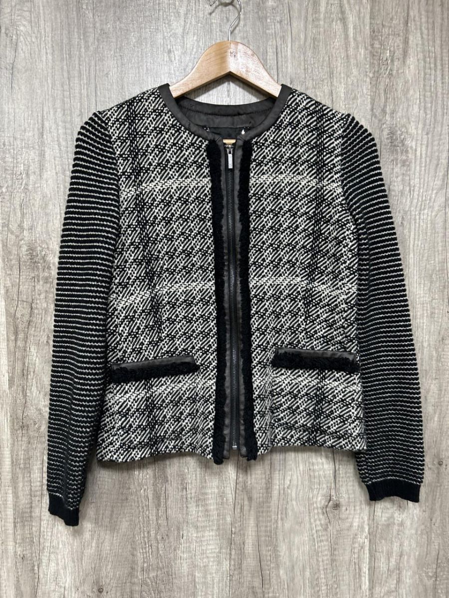 WEEKEND MaxMara マックスマーラ ニット ツイード ノーカラー ジャケット size42/白x黒 ◆■◎ レディース拍卖