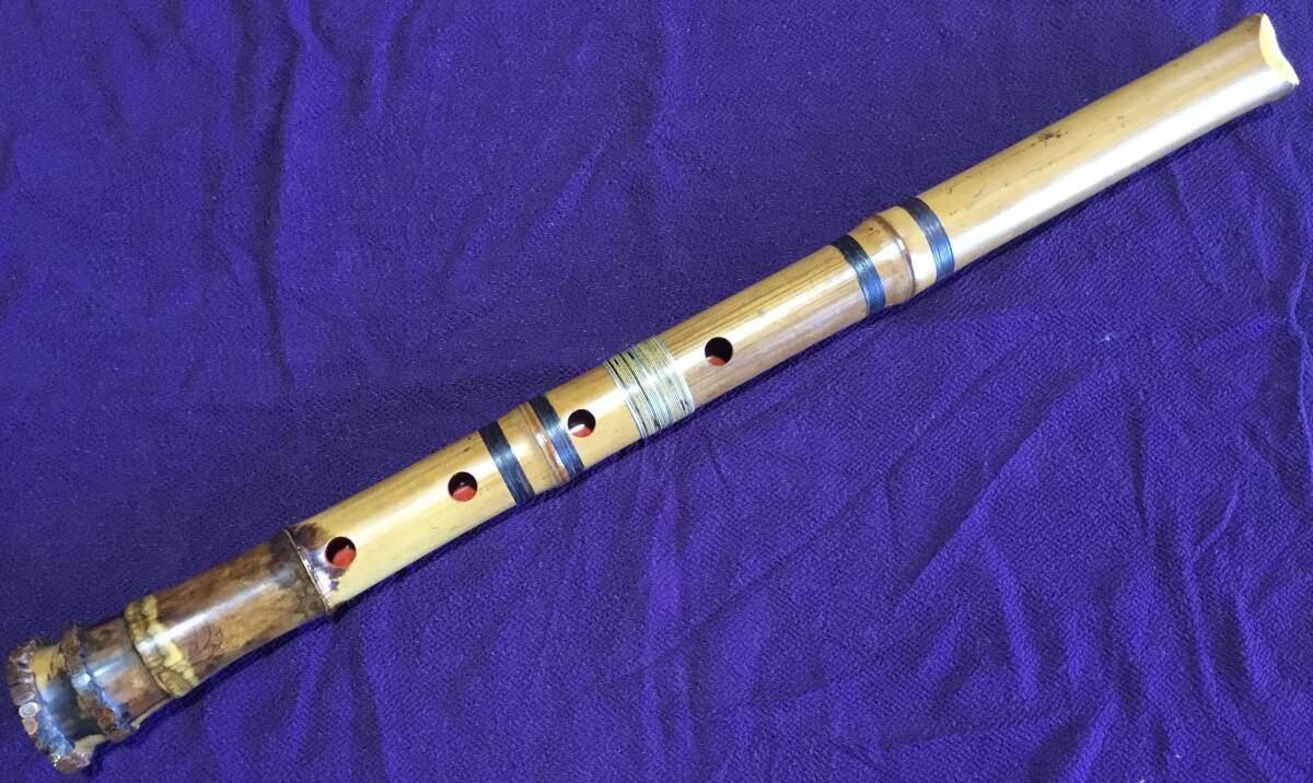 尺八 引地容山銘1尺8寸管 都山流唄口金線入 中継ぎ藤巻銀3線拍卖