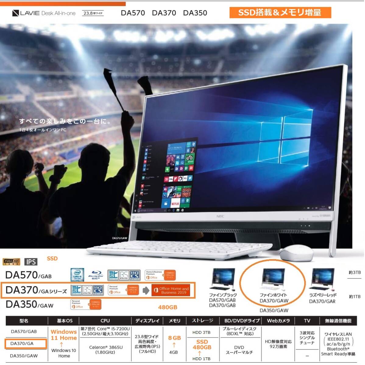 ●良好:SSD搭載● NEC LaVie Desk All-in-one DA370/G(白):付属品付き拍卖