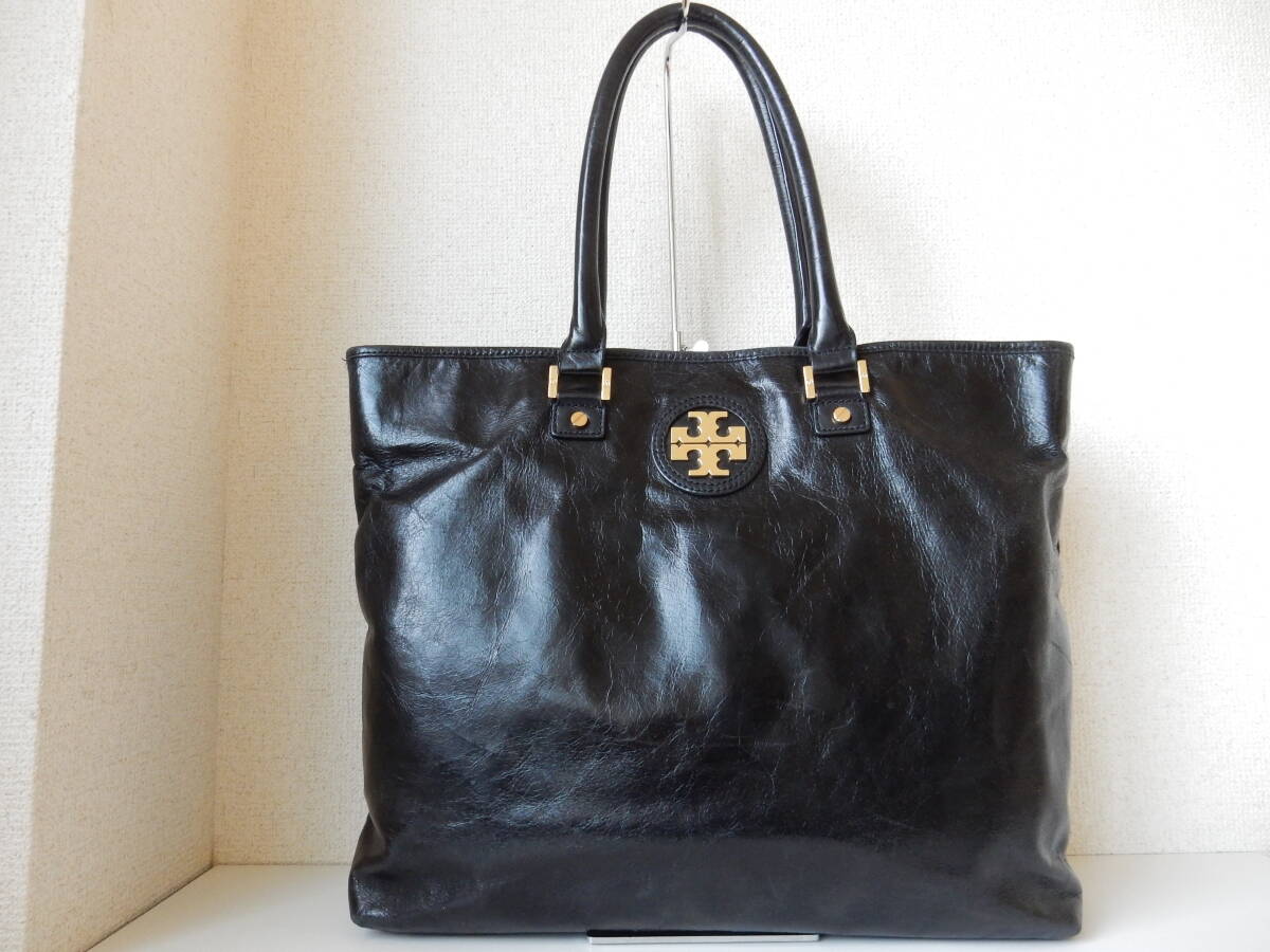 本革☆ビッグサイズ☆TORY BURCH(トリーバーチ)☆肩掛けOK☆レザートートバッグ ブラック(金具ゴールド)拍卖