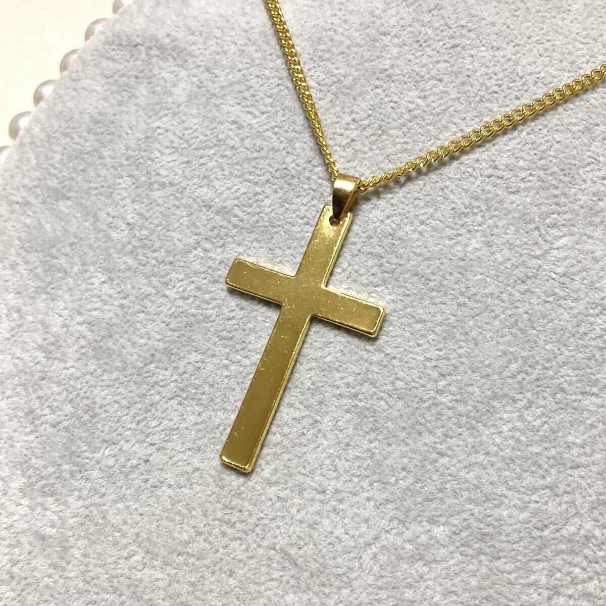 イエローゴールドカラークロスチャーム十字架ロザリオネックレス拍卖