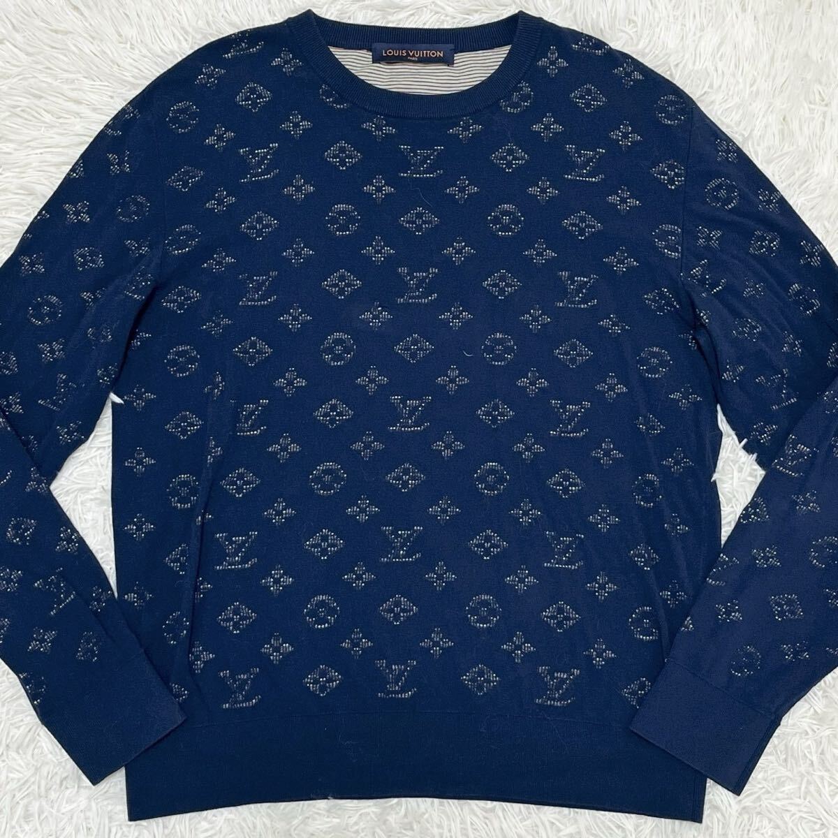 極美品 XLサイズ ルイヴィトン LOUIS VUITTON モノグラム セーター ニット トップス スウェット トレーナー モノグラム ネイビー 紺 メンズ拍卖