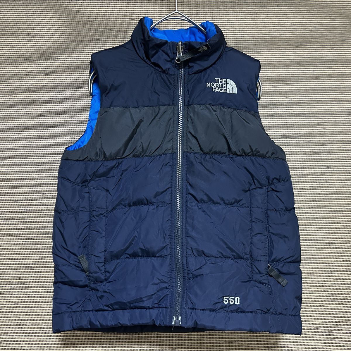 ノースフェイス ダウンベスト 子供110キッズ US規格 ネイビー 刺繍F1 古着 入手困難 激レア 希少 人気 ワンポイントロゴ 550FIL拍卖