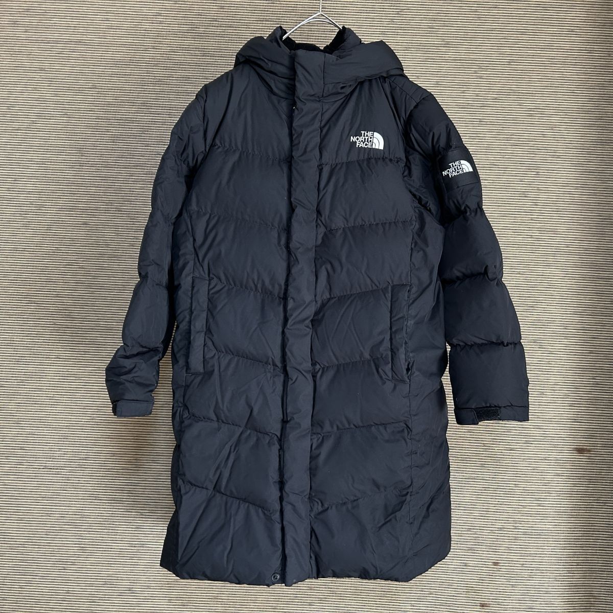 ノースフェイス ロングダウンコート ベンチコート ブラック子供150キッズF3 古着 入手困難 激レア 人気 肩ロゴ スリーブロゴ拍卖
