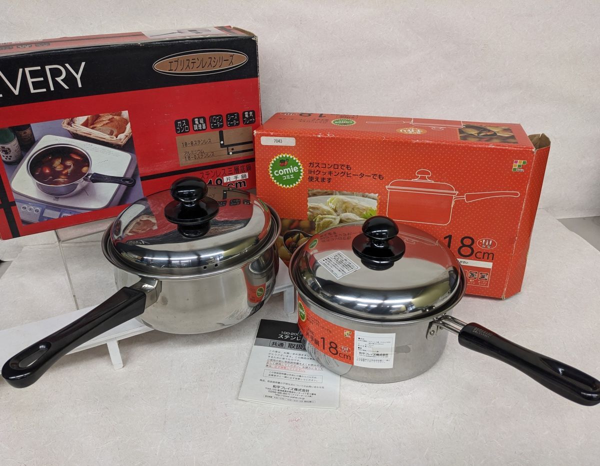 kk325■【デットストック】 EVERY/エブリー ステンレス三層底鍋 片手鍋18cm comie/コミエ 片手鍋18cm 2つセット IH対応/100拍卖