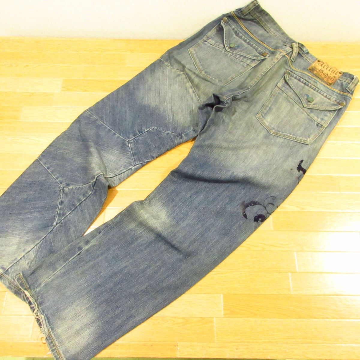 ◎ARTFUL DODGER アートフルドジャー パッチワーク 再構築 デニムパンツ スカル フロッキープリント HIPHOP Y2K メンズ 紺 W34 ◆PA4494拍卖