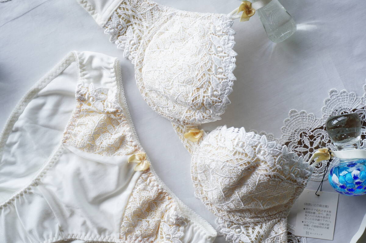 Triumph*清純派セット*ブラジャーB75xスタンダードショーツLの上下*白い豪華レースxクリームイエロー*トリンプ*アイボリーホワイト未使用品拍卖