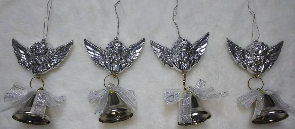 クリスマスオーナメント シルバー天使★リボン飾りベル 4個拍卖