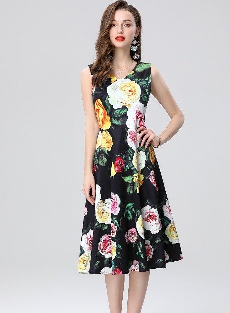 ミディアム丈ワンピース ひざ丈ワンピース ノースリーブ 袖なし 花柄 レディース M ワンカラー拍卖