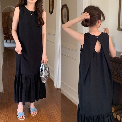 500円 同梱不可 カジュアル エレガント ノースリーブ ロング 膝下丈 ワンピース フリー コーヒー拍卖